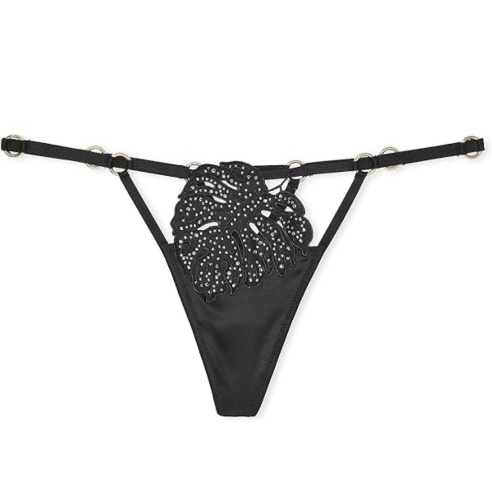 Victoria's Secret Very Sexy Leaf Shine V-string‎ Panty Rings Sz XL Black